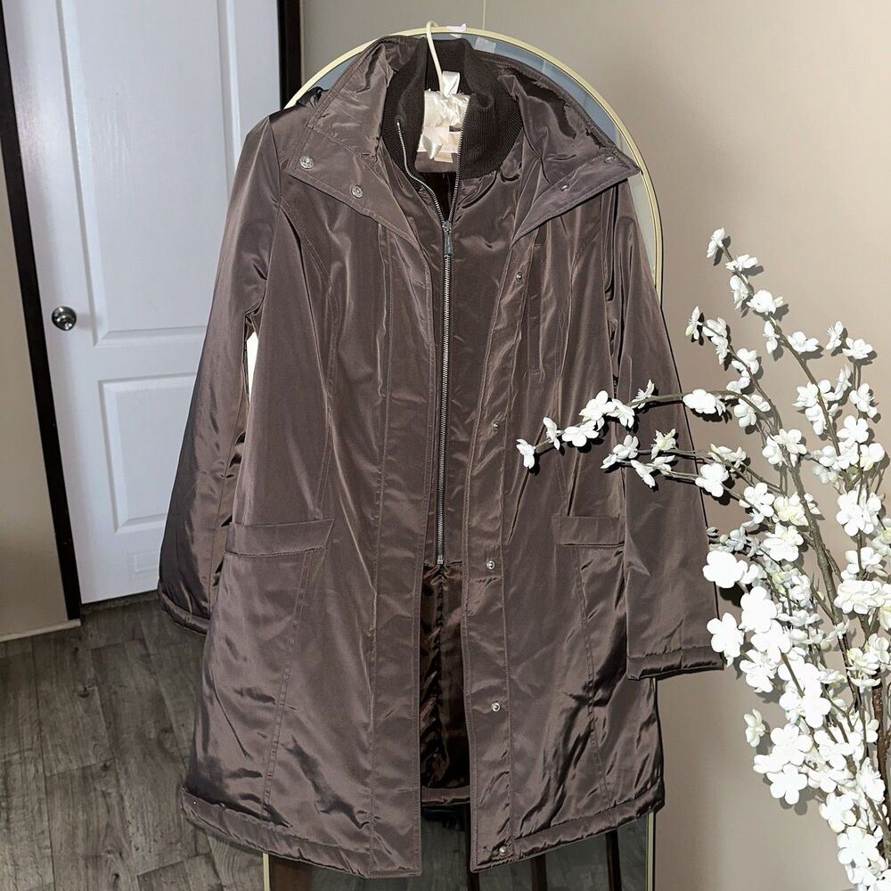 Michael Kors Navy Brown Long Length Jacket W/ Removable Hood W/ Fur Parka Puffer - Picture 5 of 12